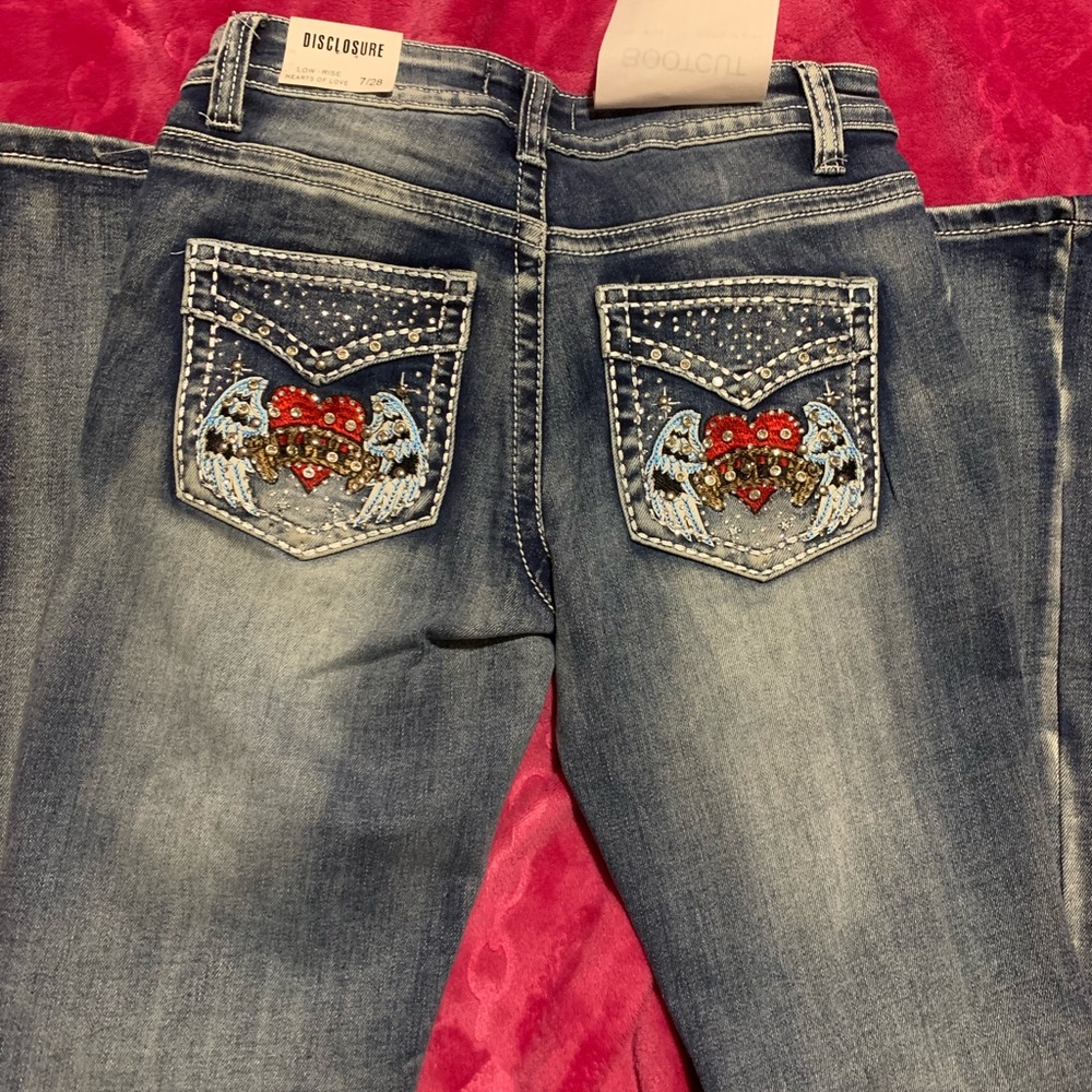 Bling Boot Cut Jeans with Heart and Wing Design